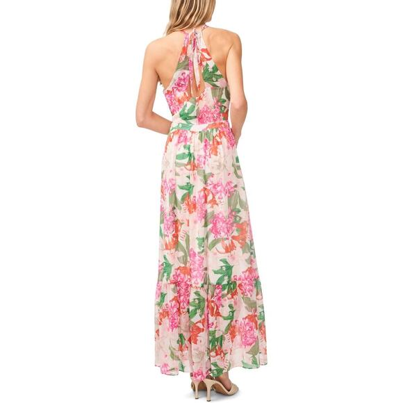 CeCe Pink Floral Print Halter Neck Tie Back Cut Out Pleated Maxi Dress Size 14W - Picture 9 of 9